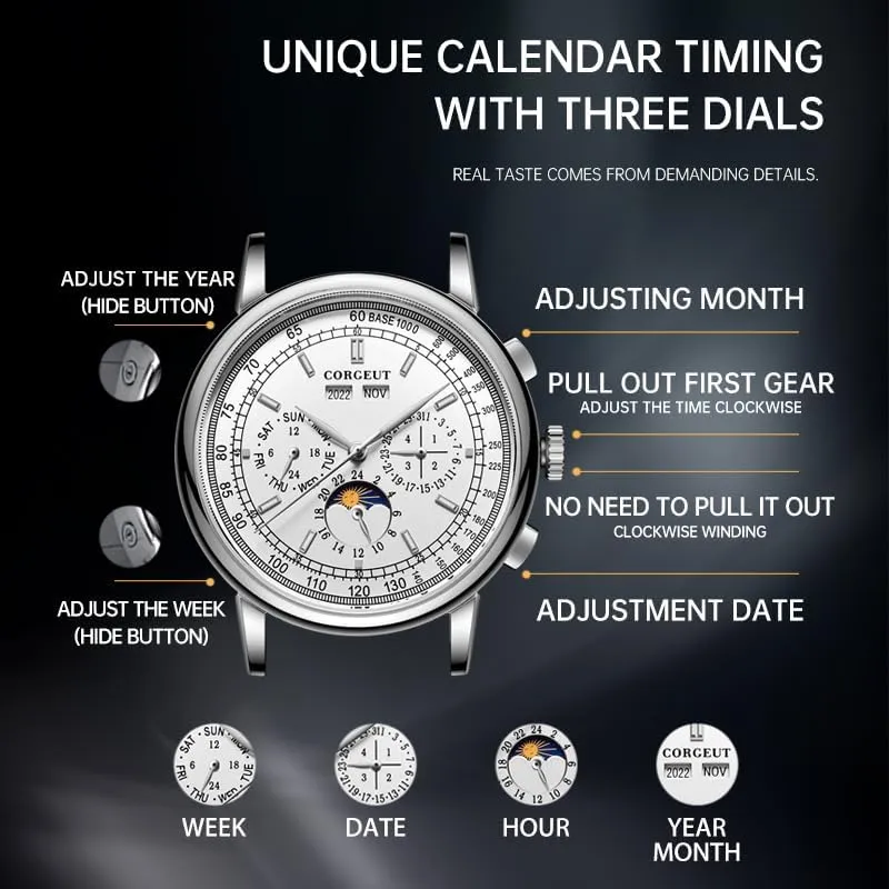 Leather Strap 6016 Corgeut Luxury Automatic Mechanical Watch for Men 41mm relojes para maroon absolute nothing anomaly morale Hombres Date Year Display, 50M Waterproof 