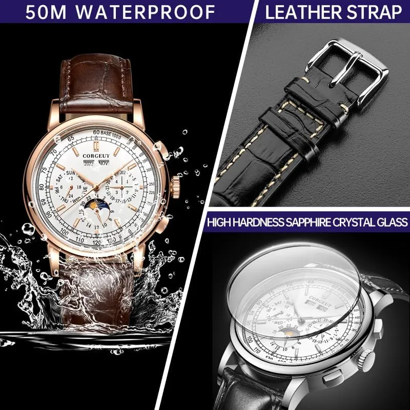 Leather Strap 6016 Corgeut Luxury Automatic Mechanical Watch for Men 41mm relojes para maroon absolute nothing anomaly morale Hombres Date Year Display, 50M Waterproof 