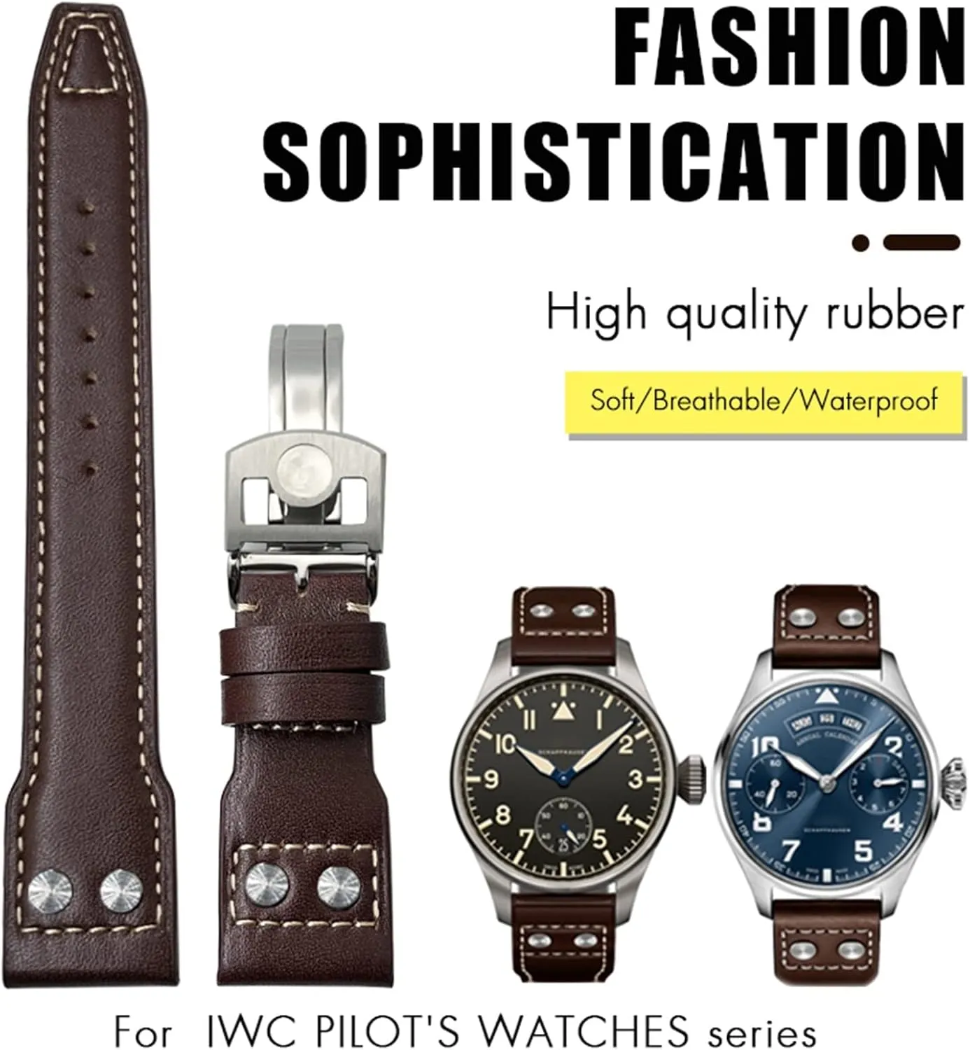 Leather Strap (Color : Brown White, Size : Without Buckle) 21mm Rivets Genuine Leather Watchband Fit for harmfully immature issue client police IWC Big Pilot TOP Gun Watch IW3777 Calfskin 