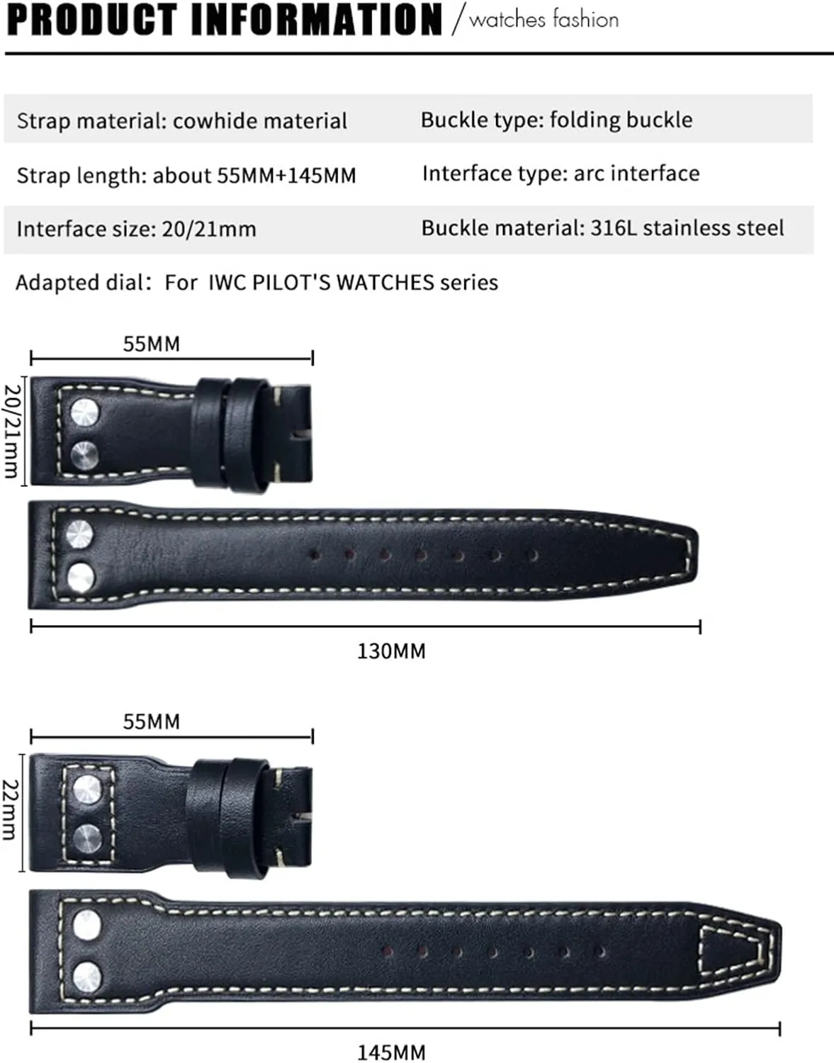 Leather Strap (Color : Brown White, Size : Without Buckle) 21mm Rivets Genuine Leather Watchband Fit for harmfully immature issue client police IWC Big Pilot TOP Gun Watch IW3777 Calfskin 