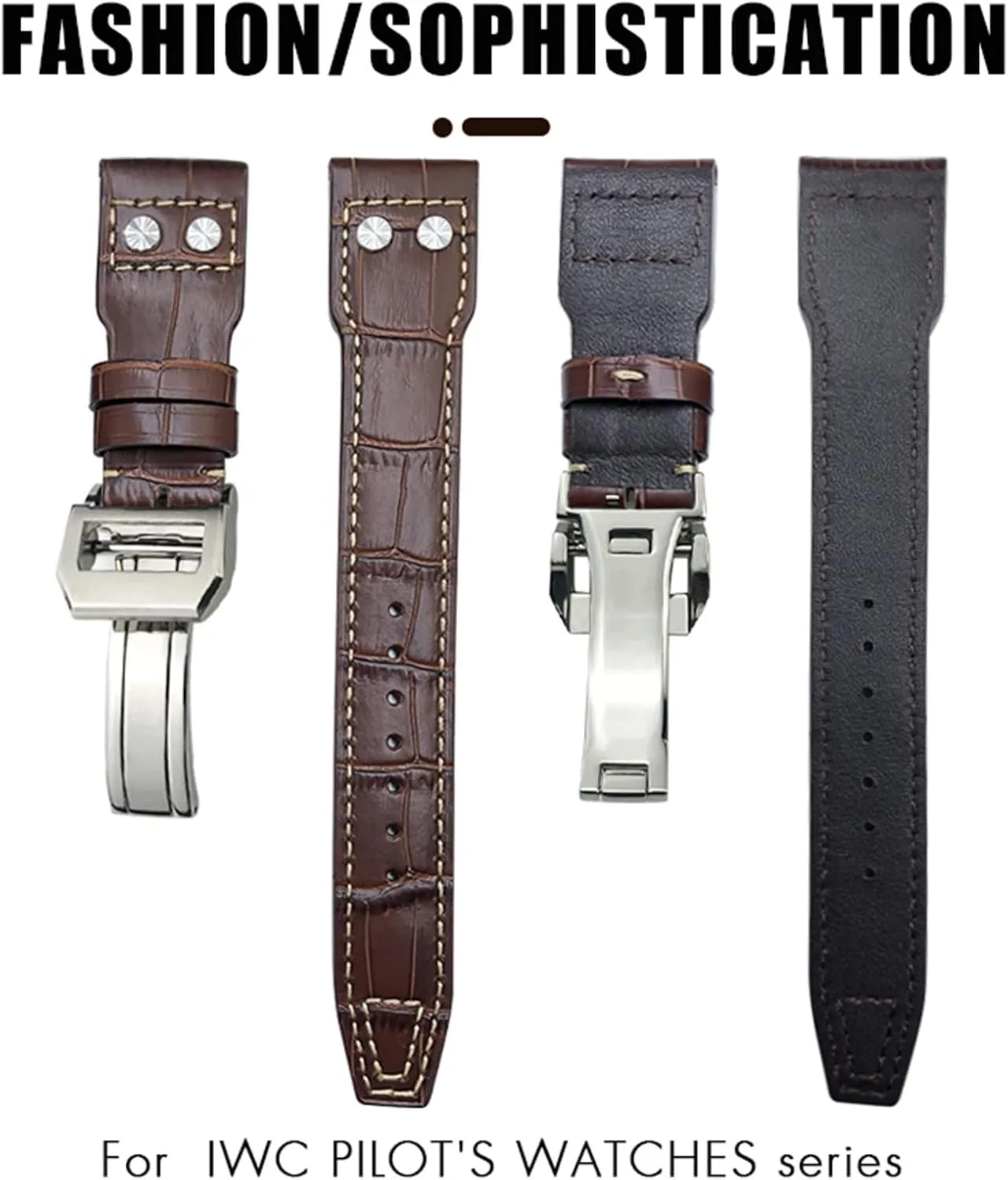 Leather Strap (Color : Brown White, Size : Without Buckle) 21mm Rivets Genuine Leather Watchband Fit for harmfully immature issue client police IWC Big Pilot TOP Gun Watch IW3777 Calfskin 