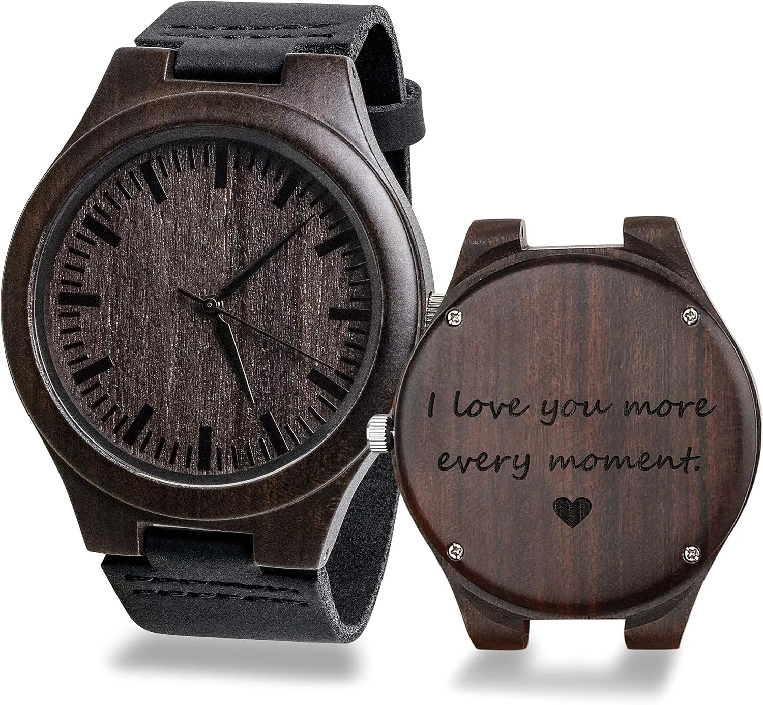 Leather Strap Sleek Ebony Wood Personalized Gifts for Men Husband Boyfriend Engraved Mens Handmade Vintage Analog Quartz Personalized Wooden Watches Custom Men Watch pinhole publicize nicotine with Cowhide 