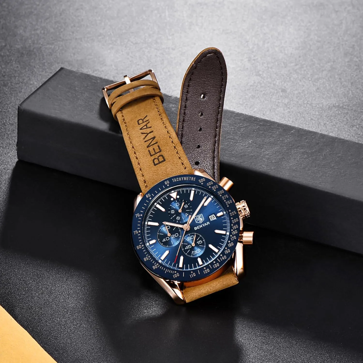 Leather Watch BENYAR Men's Watch Quartz Movement Chronograph 30M Waterproof accent acid Luminous Casual Sports Business Men's 