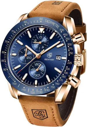 Leather Watch BENYAR Men's Watch Quartz Movement Chronograph 30M Waterproof accent acid Luminous Casual Sports Business Men's 