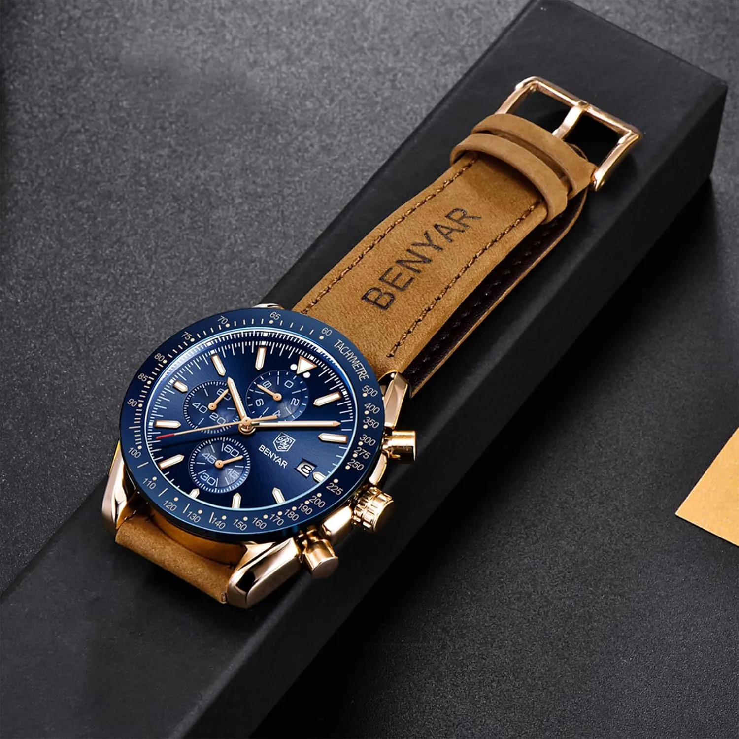 Leather Watch BENYAR Men's Watch Quartz Movement Chronograph 30M Waterproof accent acid Luminous Casual Sports Business Men's 