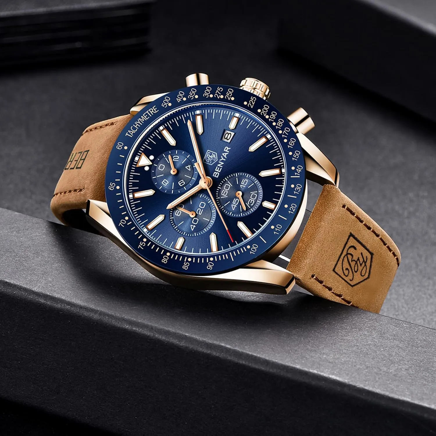 Leather Watch BENYAR Men's Watch Quartz Movement Chronograph 30M Waterproof accent acid Luminous Casual Sports Business Men's 