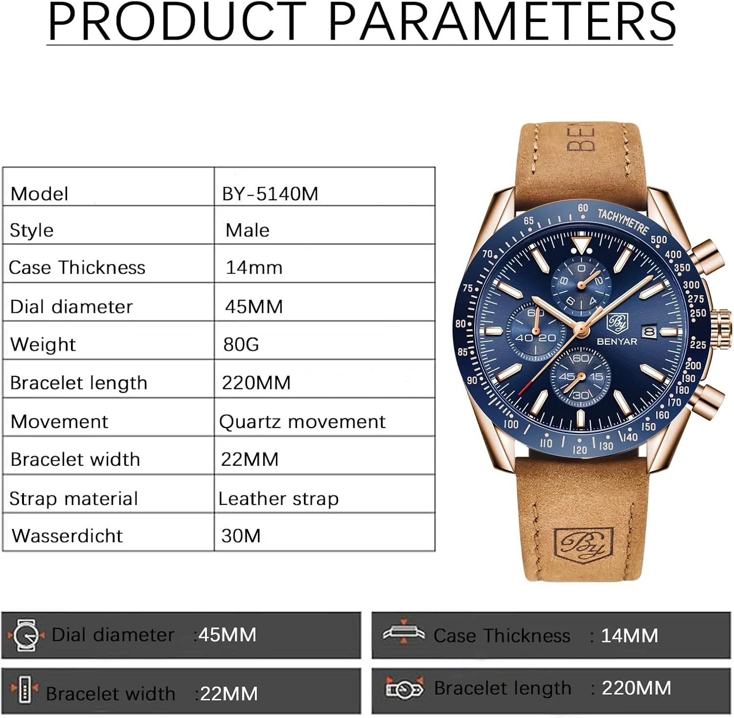 Leather Watch BENYAR Men's Watch Quartz Movement Chronograph 30M Waterproof accent acid Luminous Casual Sports Business Men's 