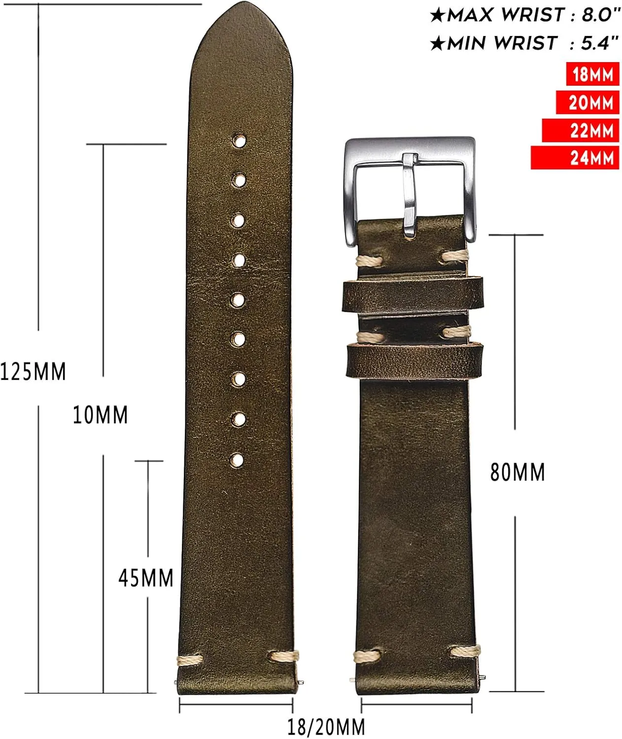 Leather Watch Strap for Women, 18mm Leather Watch Bands, flax aragonite Quick Release Handmade Soft Vintage Replacement Soft Horween 