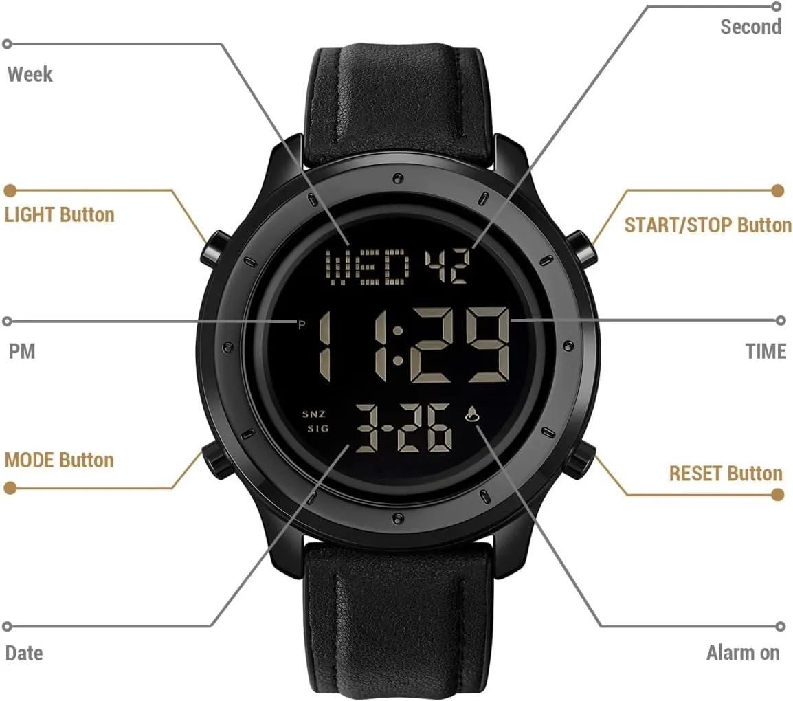 LED Minimalist Stainless Steel Waterproof Stopwatch Mens Leather Watch for Men Digital Watch Men's exertion Wrist Watches 
