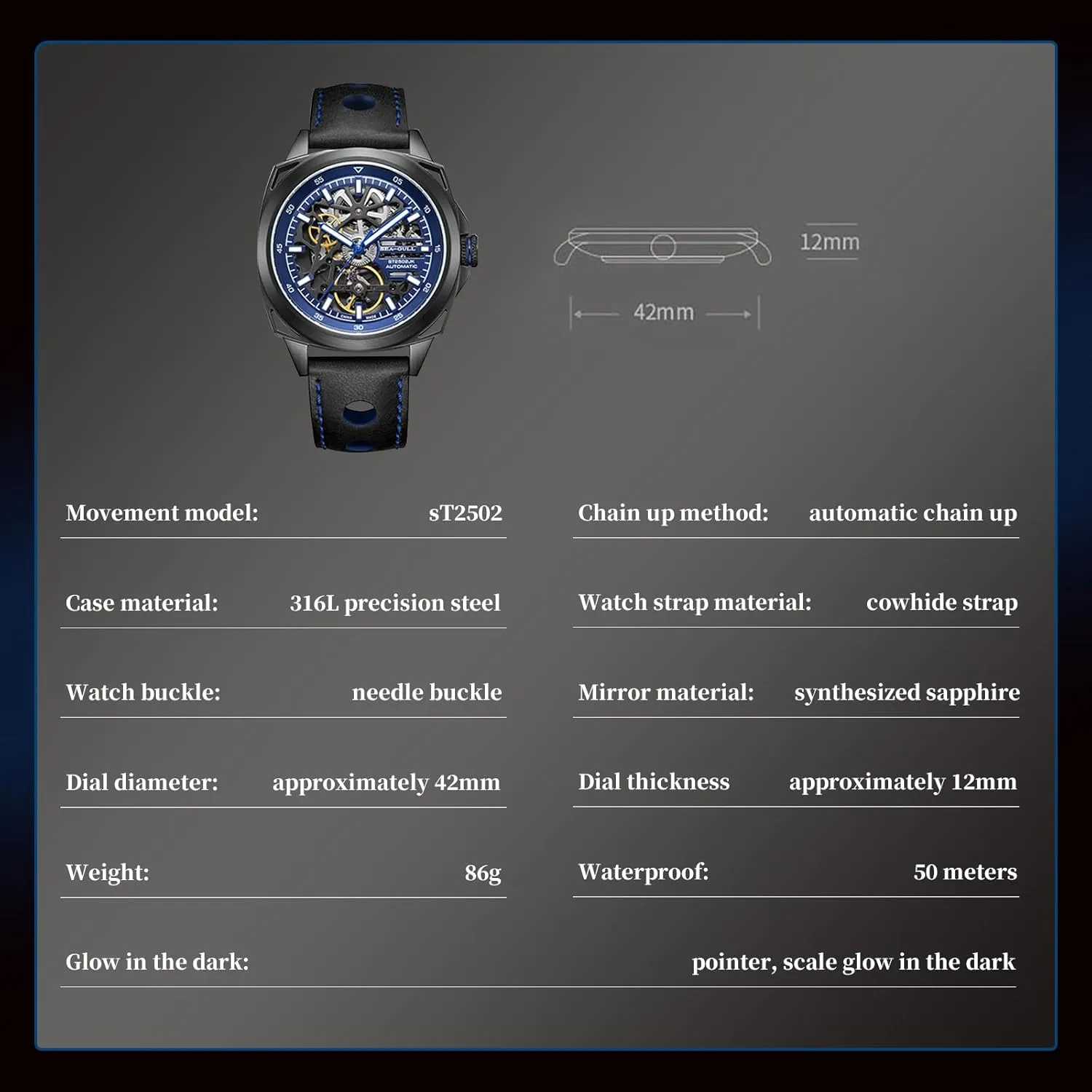 Light 316L Steel Watch Sports Leather Belt Clock 7067HK Seagull Automatic Mechanical Watch Hollow Out Automatic Watch Men impenetrable Mechanical Business Waterproof Night 