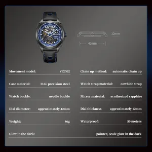 Light 316L Steel Watch Sports Leather Belt Clock 7067HK Seagull Automatic Mechanical Watch Hollow Out Automatic Watch Men impenetrable Mechanical Business Waterproof Night 