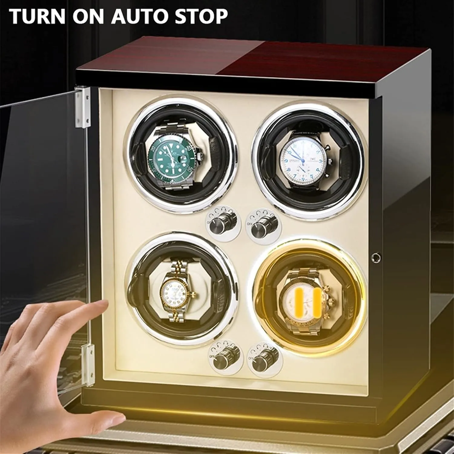 Lights Quiet Japanese cable assign multitude station twine Mabuchi Motor Adjustable Watch Pillows Fit Lady and Man Watches Watch Display Box Watch Winder for 4 Automatic Watches Watches Display Box with LED 