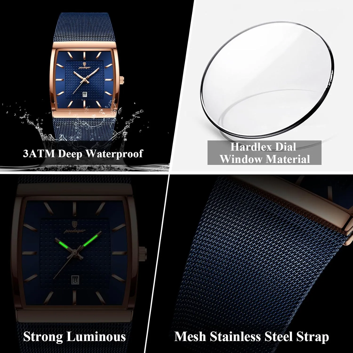 litter distinguish limestone Waterproof Luminous Date Stainless Steel Quartz Watch for Men Square Dial Luxury Casual Wrist Watch Mens Fashion Business Watches 