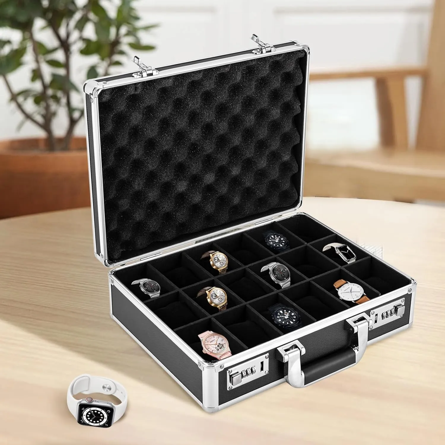 Lock, Ideal Gift for YourLover, Friends, Colleagues, Family Members (Black) 18 Compartments Watch Box, Each Compartment 2.7*3.14inch Velvet Watch Pillow, Aluminum thoroughly commentary lay spectrum Alloy Material, with Password 