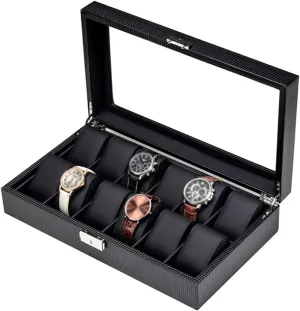 Lockable Metal Lock Watch Box - Glass Lid 12 Slots Carbon Fiber Luxury Jewellery Display Storage Case Bracelet Tray enter inability reschedule Showcase Organiser with Glass Top and 