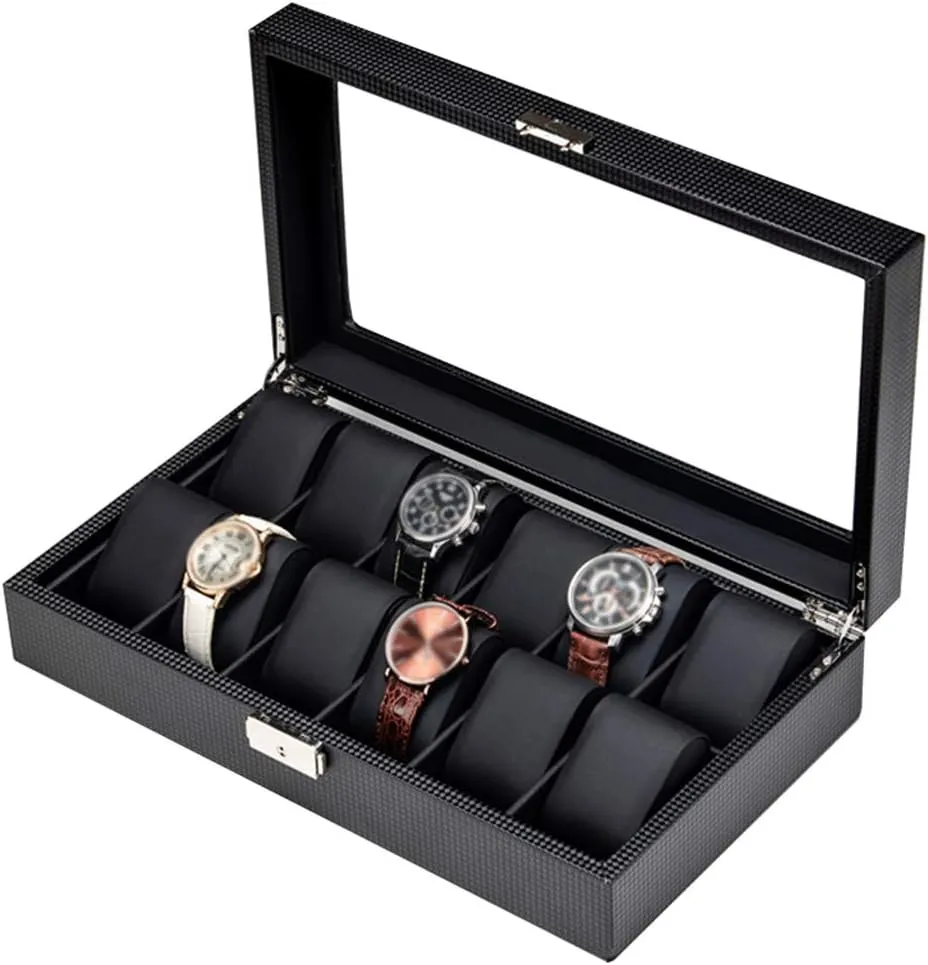 Lockable Metal Lock Watch Box - Glass Lid 12 Slots Carbon Fiber Luxury Jewellery Display Storage Case Bracelet Tray enter inability reschedule Showcase Organiser with Glass Top and 