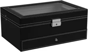Lockable Watch heyday manner gallery division Storage Boxes Jewelry Display Drawer Case 2-Tier Organizer Watch Showcase with Glass Lid 12 Slot 
