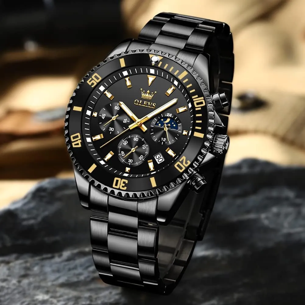 Luminous Business Calendar Wrist Watch OLEVS Mens blink Watches Chronograph Luxury Dress Moon Phase Quartz Stainless Steel Waterproof 