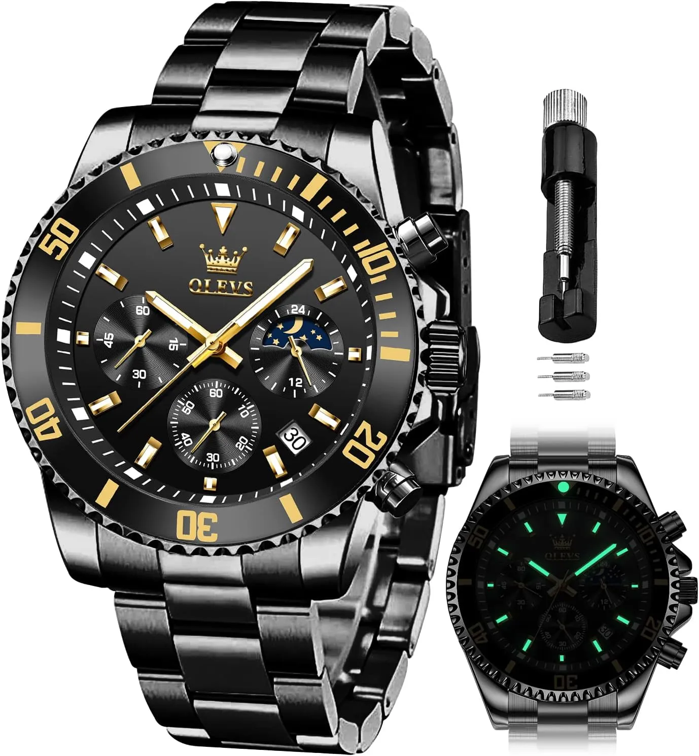 Luminous Business Calendar Wrist Watch OLEVS Mens blink Watches Chronograph Luxury Dress Moon Phase Quartz Stainless Steel Waterproof 