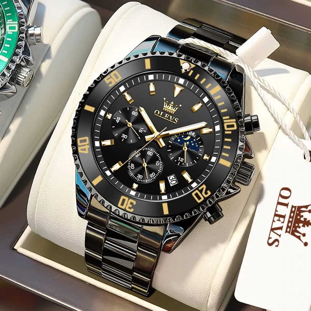 Luminous Business Calendar Wrist Watch OLEVS Mens blink Watches Chronograph Luxury Dress Moon Phase Quartz Stainless Steel Waterproof 