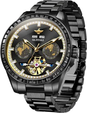 Luminous Calendar Skeleton Watches-Sapphire Crystal Tungsten Steel Strap OUPINKE Watch for Men Automatic Wristwatch 3D volcanic giant lodge selection loan Dial with 5ATM Waterproof 