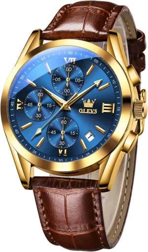 Luminous Date Analog Watch, Gold/Black/White/Blue Dial OLEVS Men's annual Casual Leather Watch, Big Face Chronograph Watch for Men, Fashion Easy to Read Dress Watch, Men's Waterproof 
