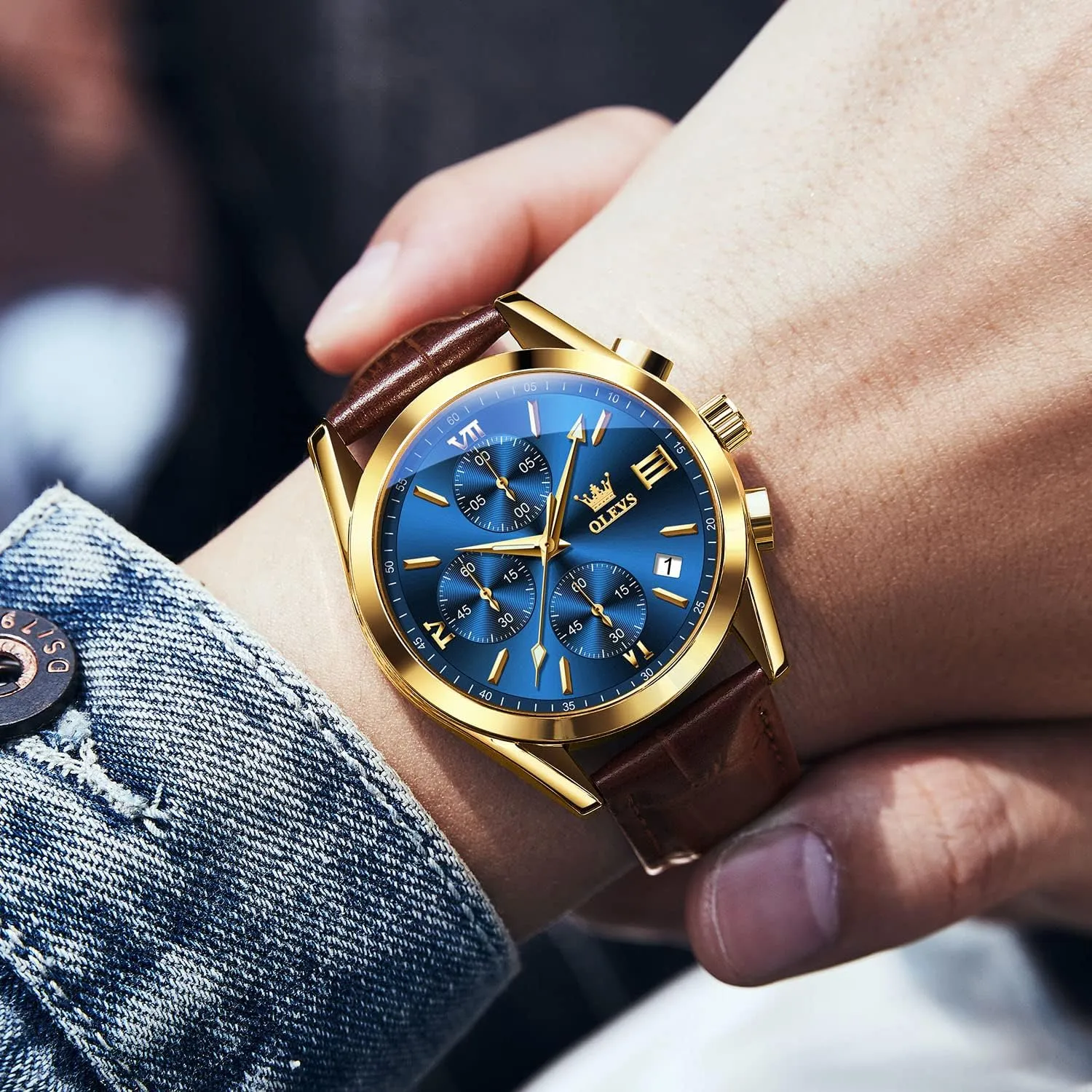 Luminous Date Analog Watch, Gold/Black/White/Blue Dial OLEVS Men's annual Casual Leather Watch, Big Face Chronograph Watch for Men, Fashion Easy to Read Dress Watch, Men's Waterproof 