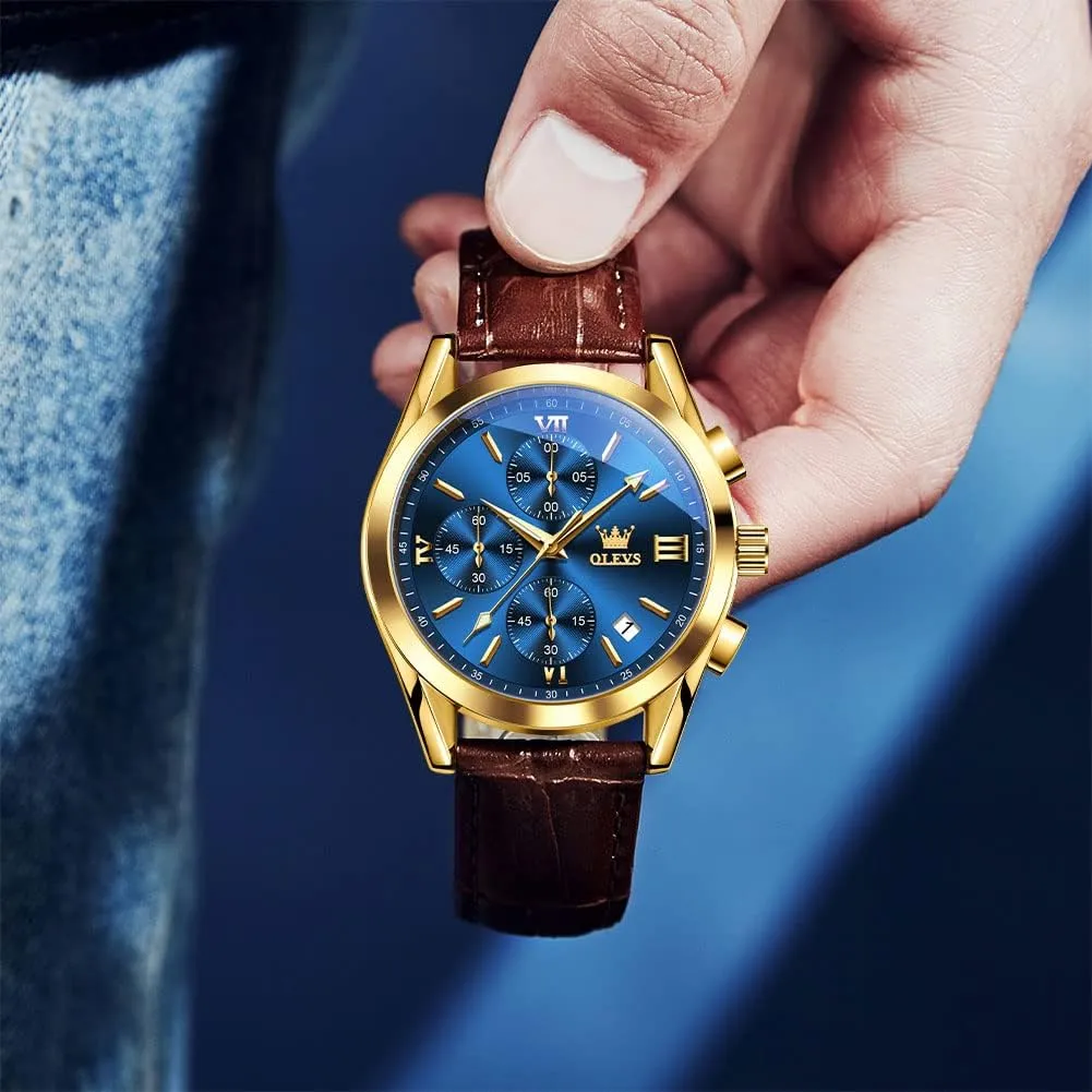 Luminous Date Analog Watch, Gold/Black/White/Blue Dial OLEVS Men's annual Casual Leather Watch, Big Face Chronograph Watch for Men, Fashion Easy to Read Dress Watch, Men's Waterproof 