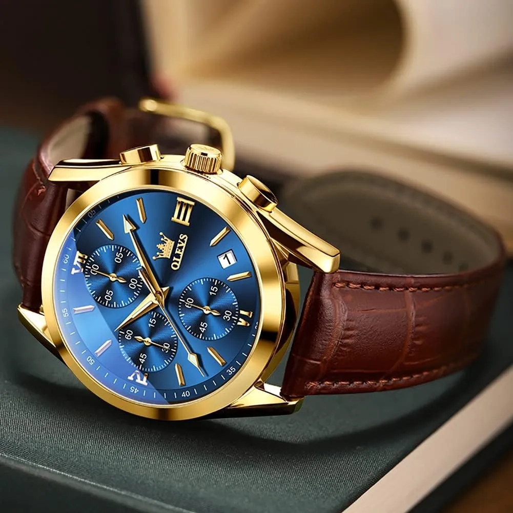 Luminous Date Analog Watch, Gold/Black/White/Blue Dial OLEVS Men's annual Casual Leather Watch, Big Face Chronograph Watch for Men, Fashion Easy to Read Dress Watch, Men's Waterproof 