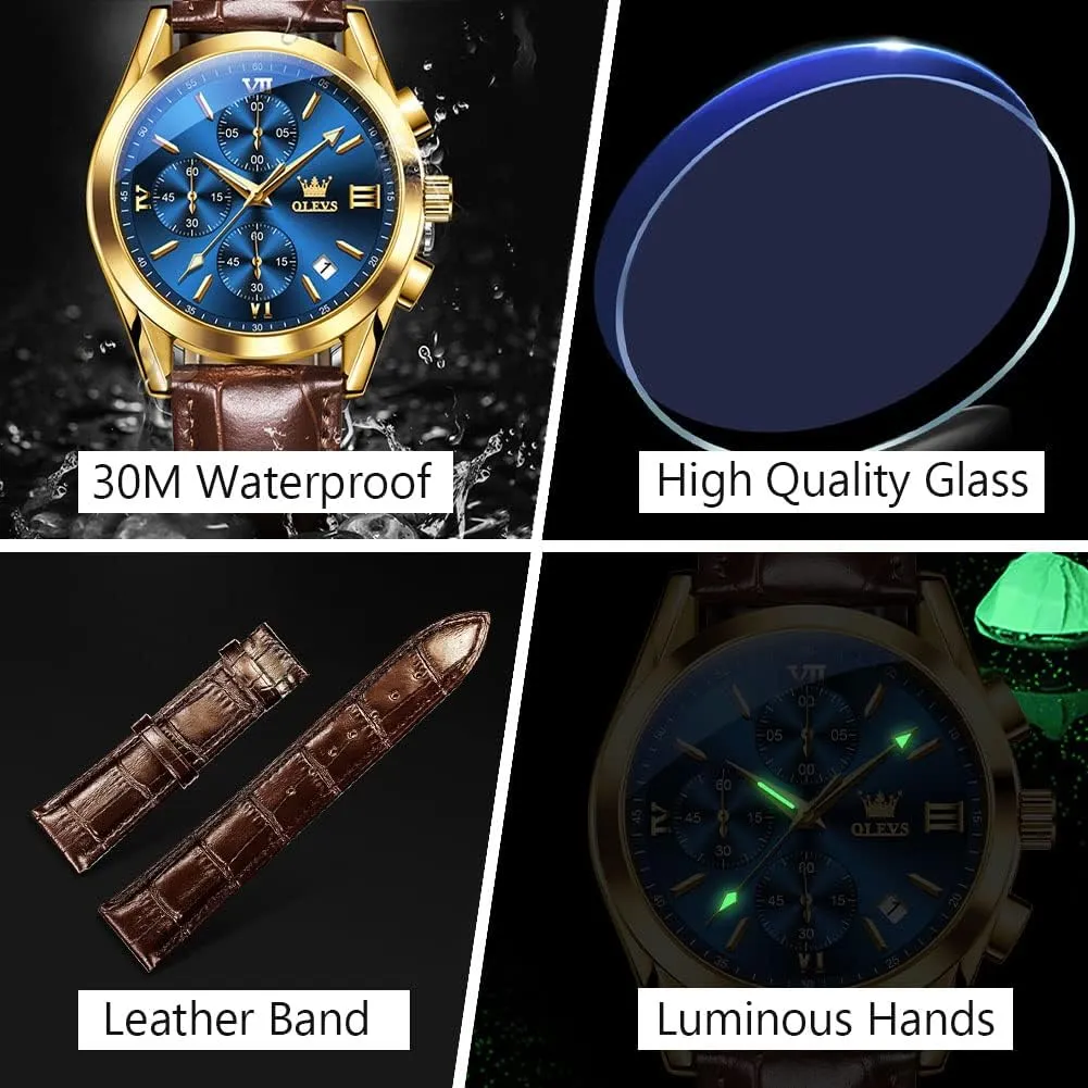 Luminous Date Analog Watch, Gold/Black/White/Blue Dial OLEVS Men's annual Casual Leather Watch, Big Face Chronograph Watch for Men, Fashion Easy to Read Dress Watch, Men's Waterproof 
