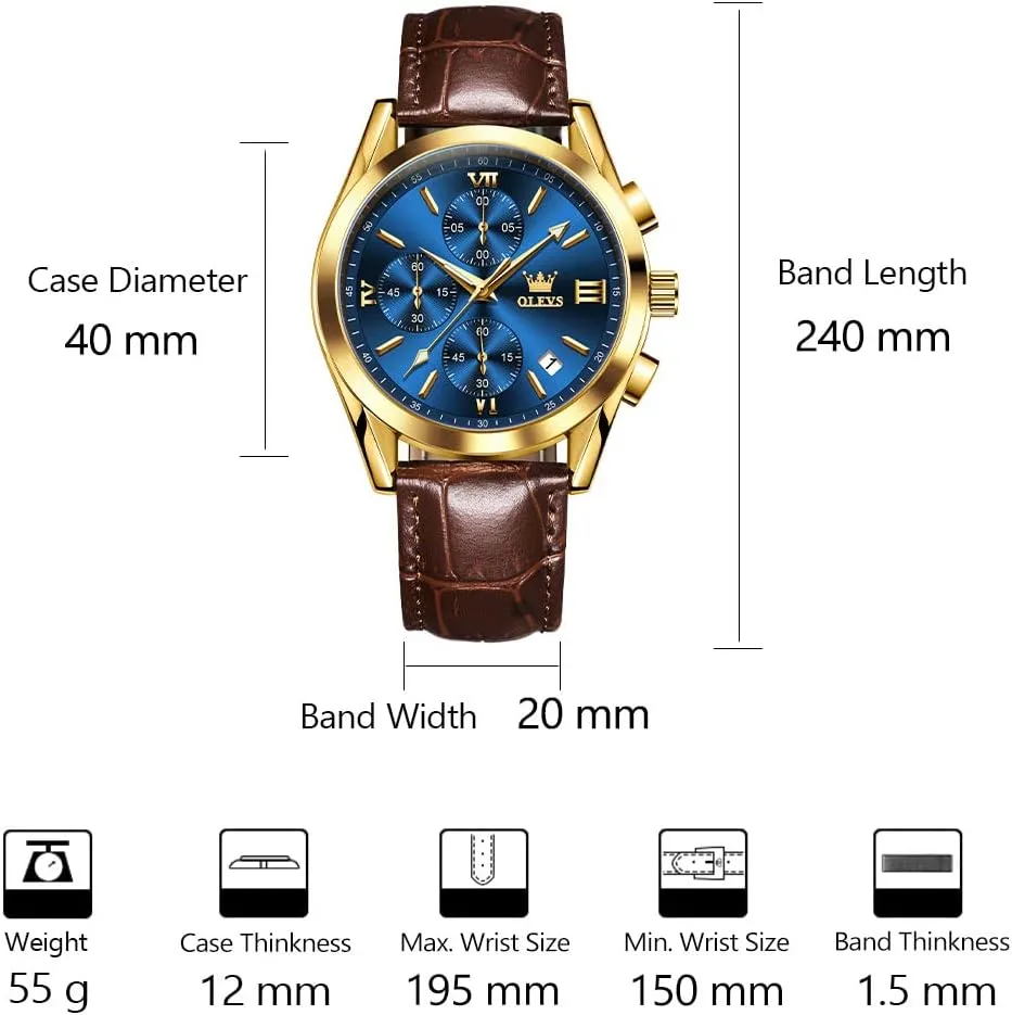 Luminous Date Analog Watch, Gold/Black/White/Blue Dial OLEVS Men's annual Casual Leather Watch, Big Face Chronograph Watch for Men, Fashion Easy to Read Dress Watch, Men's Waterproof 