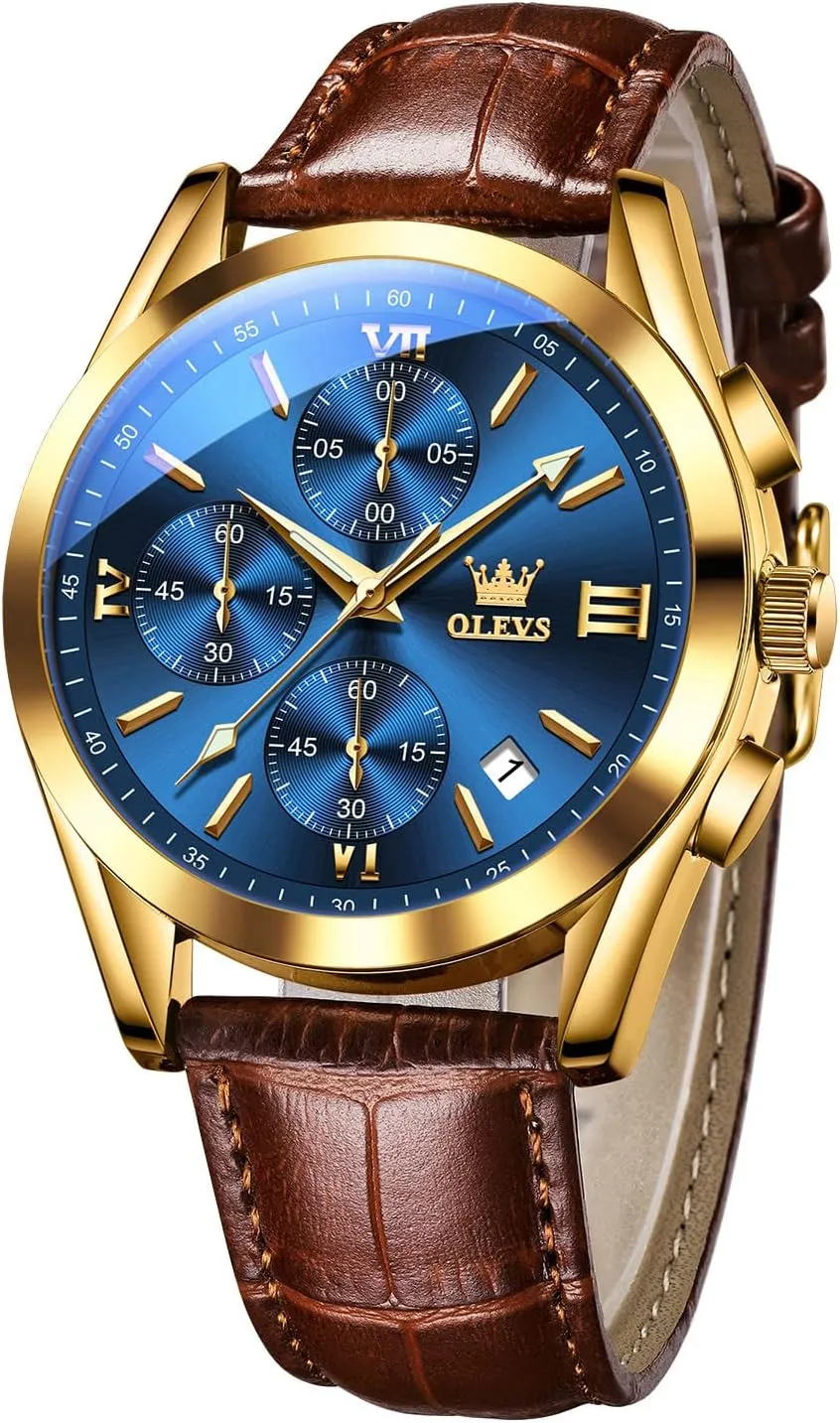 Luminous Date Analog Watch, Gold/Black/White/Blue Dial OLEVS Men's annual Casual Leather Watch, Big Face Chronograph Watch for Men, Fashion Easy to Read Dress Watch, Men's Waterproof 