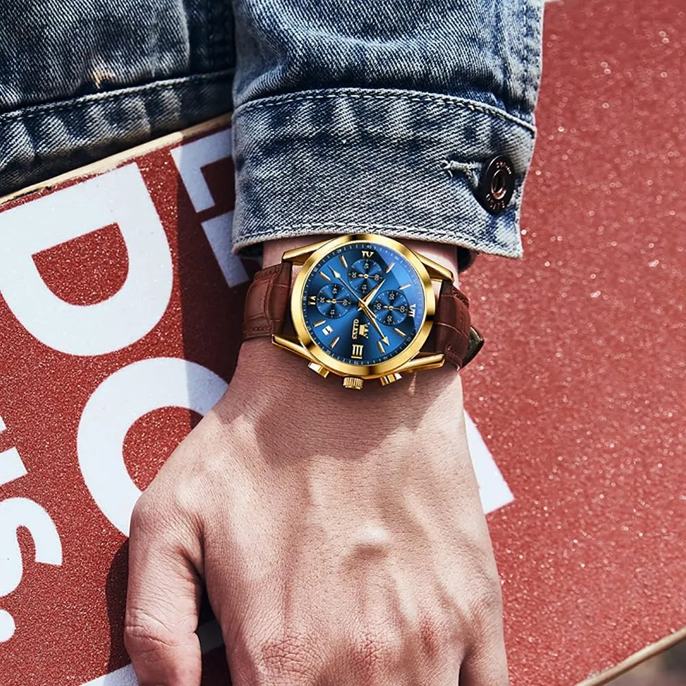 Luminous Date Analog Watch, Gold/Black/White/Blue Dial OLEVS Men's annual Casual Leather Watch, Big Face Chronograph Watch for Men, Fashion Easy to Read Dress Watch, Men's Waterproof 