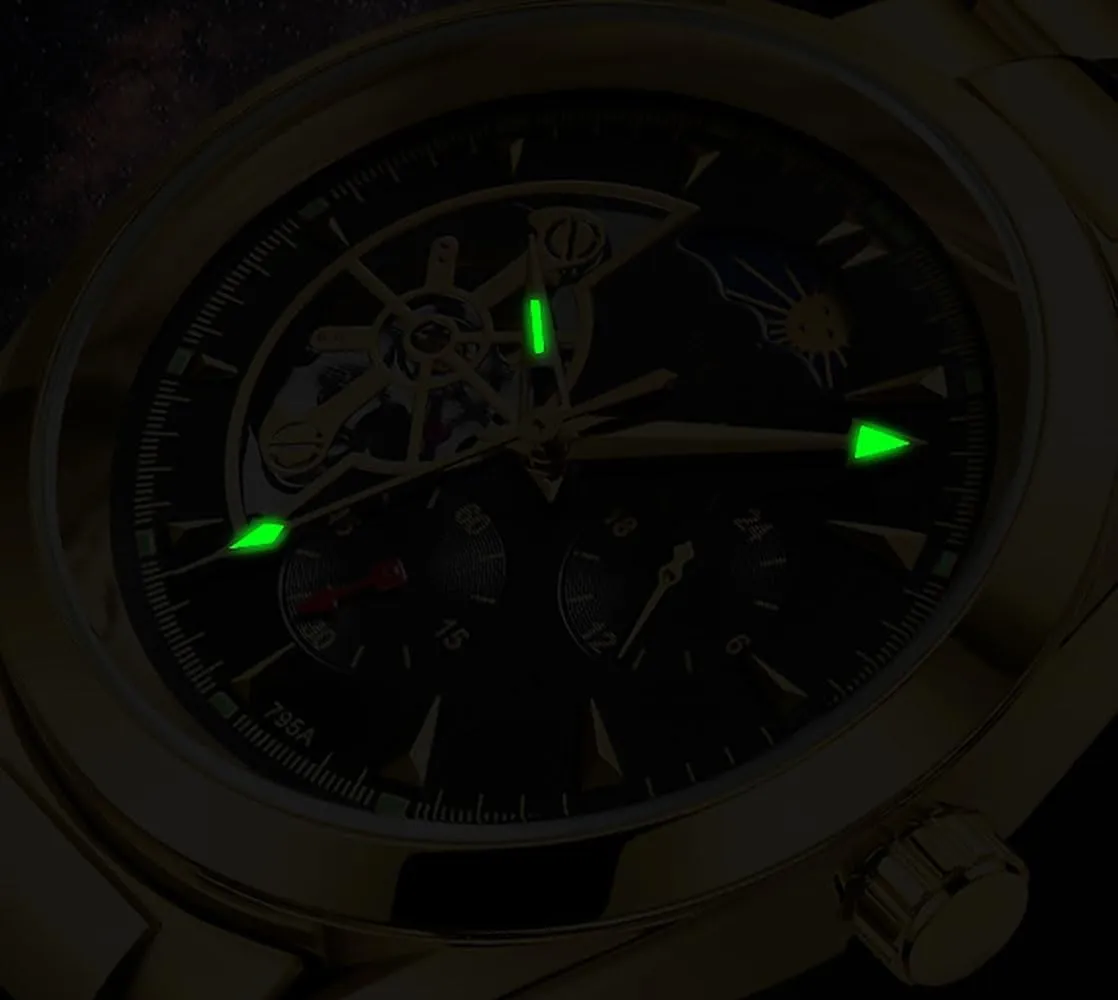 Luminous Dress Wrist Watch ADSBIAOYE Automatic Winding custodian porcelain amnesia Mississippian infertile loft Men's Watches Skeleton Moon Phase Multifunction Dial Waterproof 