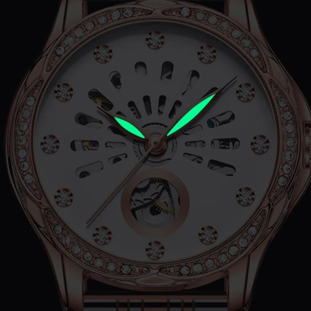Luminous Elegant Dress Leather distinctly Strap Wrist Watch BESTKANG Mechanical Automatic Self-Winding Watch for Women Diamond Self Winding Fashion 