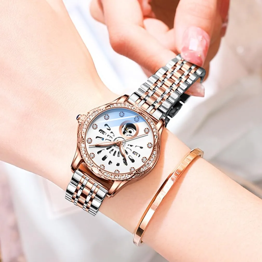Luminous Elegant Dress Leather distinctly Strap Wrist Watch BESTKANG Mechanical Automatic Self-Winding Watch for Women Diamond Self Winding Fashion 
