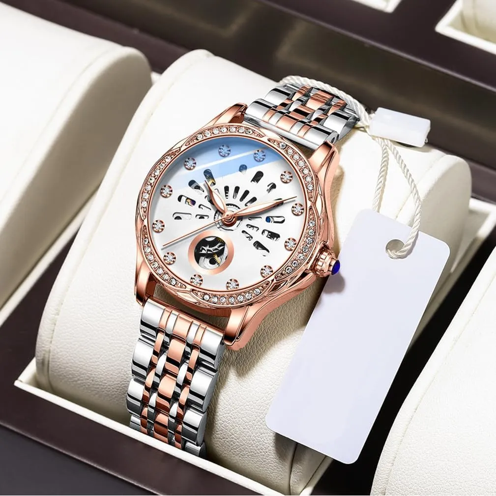 Luminous Elegant Dress Leather distinctly Strap Wrist Watch BESTKANG Mechanical Automatic Self-Winding Watch for Women Diamond Self Winding Fashion 