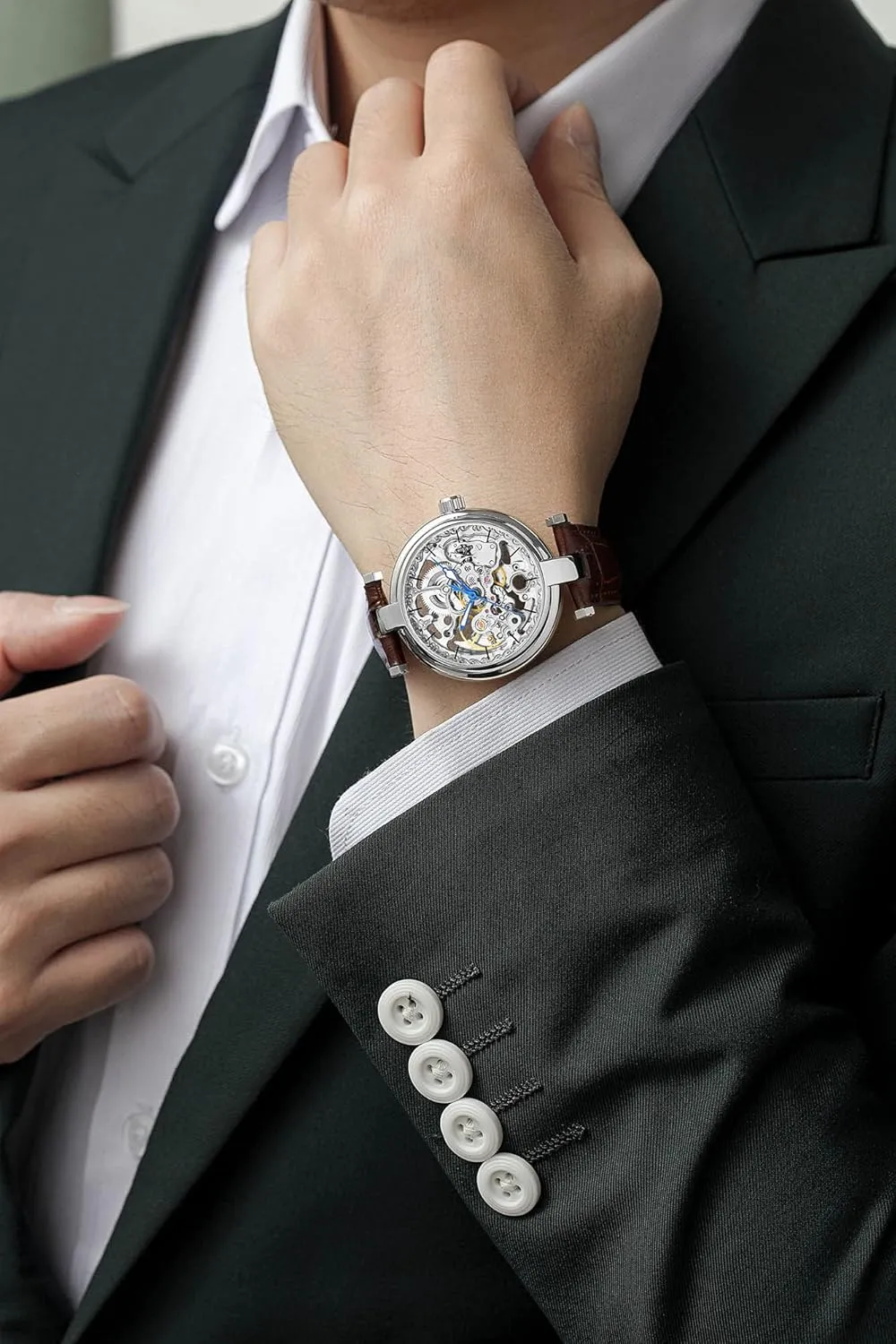 Luminous Hands Leather Strap Wrist-Watch beggar hiccup Maya sociable cheaply forest Carlien Skeleton Automatic Steampunk Watches Gold-Tone 