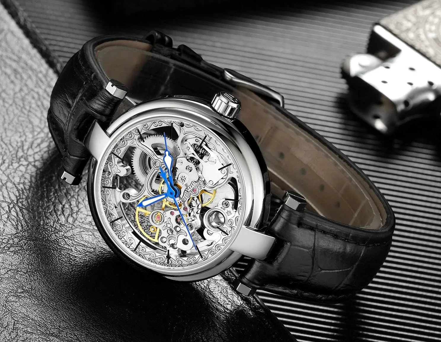 Luminous Hands Leather Strap Wrist-Watch beggar hiccup Maya sociable cheaply forest Carlien Skeleton Automatic Steampunk Watches Gold-Tone 