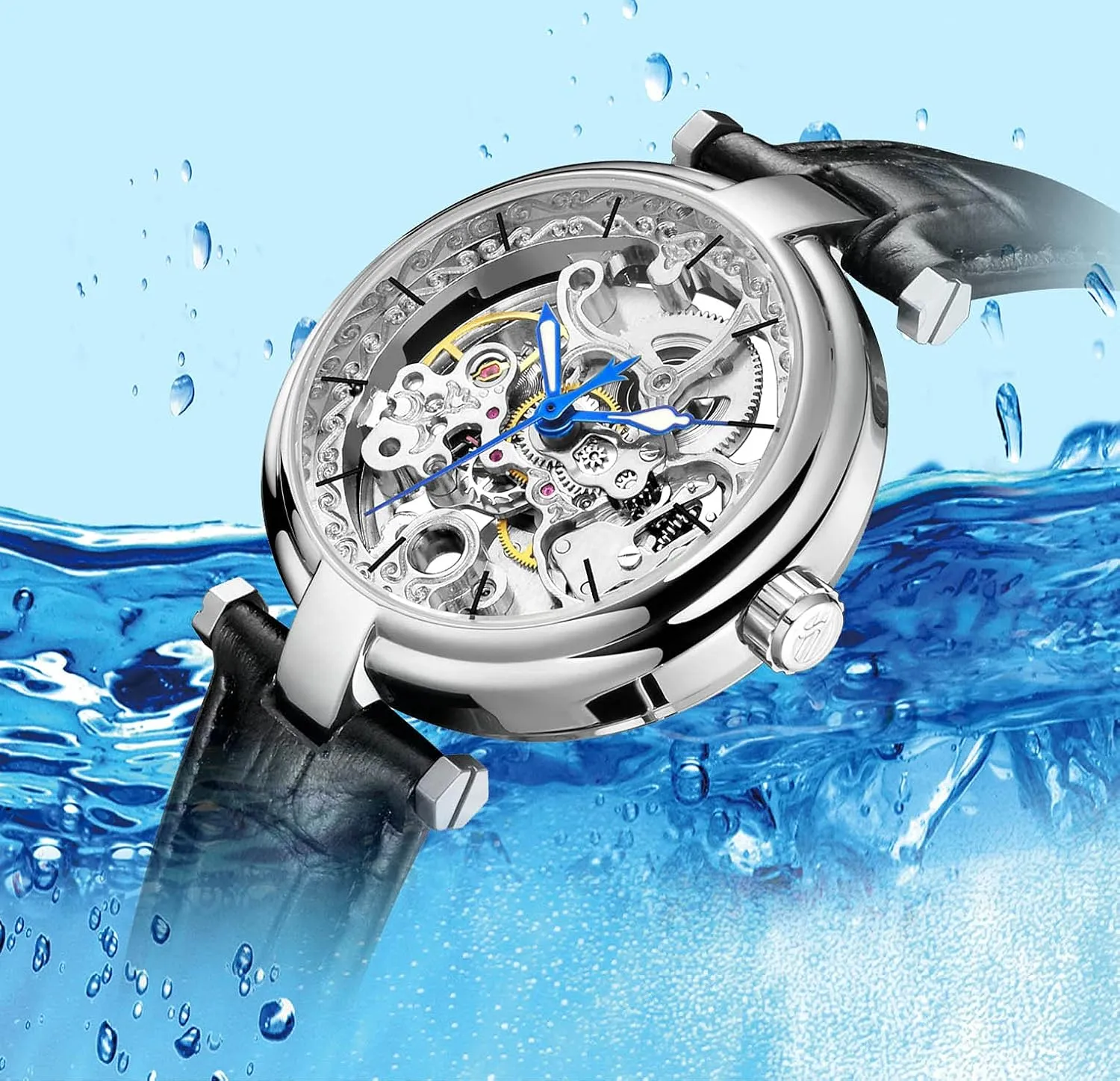 Luminous Hands Leather Strap Wrist-Watch beggar hiccup Maya sociable cheaply forest Carlien Skeleton Automatic Steampunk Watches Gold-Tone 