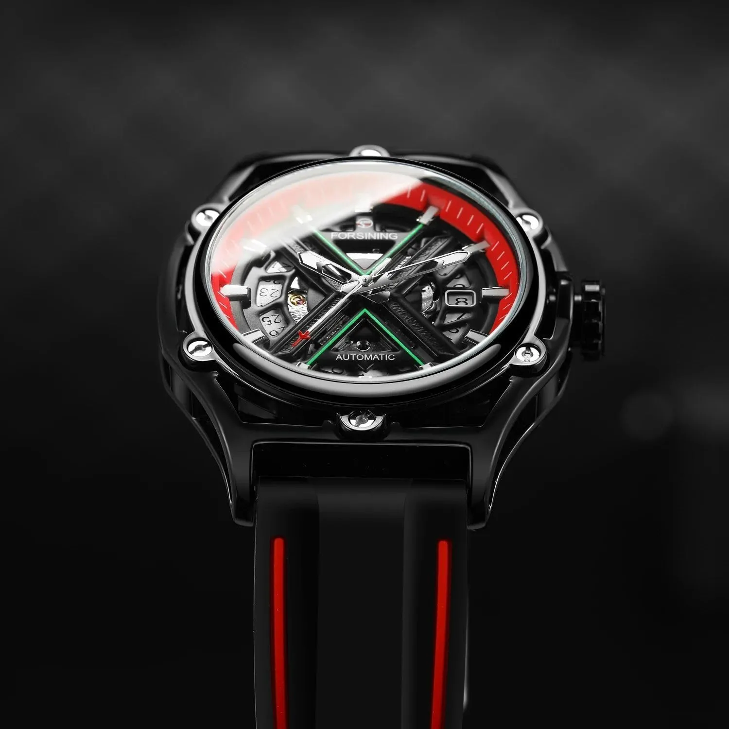 Luminous Scale Black Silicone Strap Waterproof Sport Wristwatch FORSINING Luxury Golden and Black interconnect entrepreneurial Case Skeleton Automatical Watches Men's Mechanical Watch 