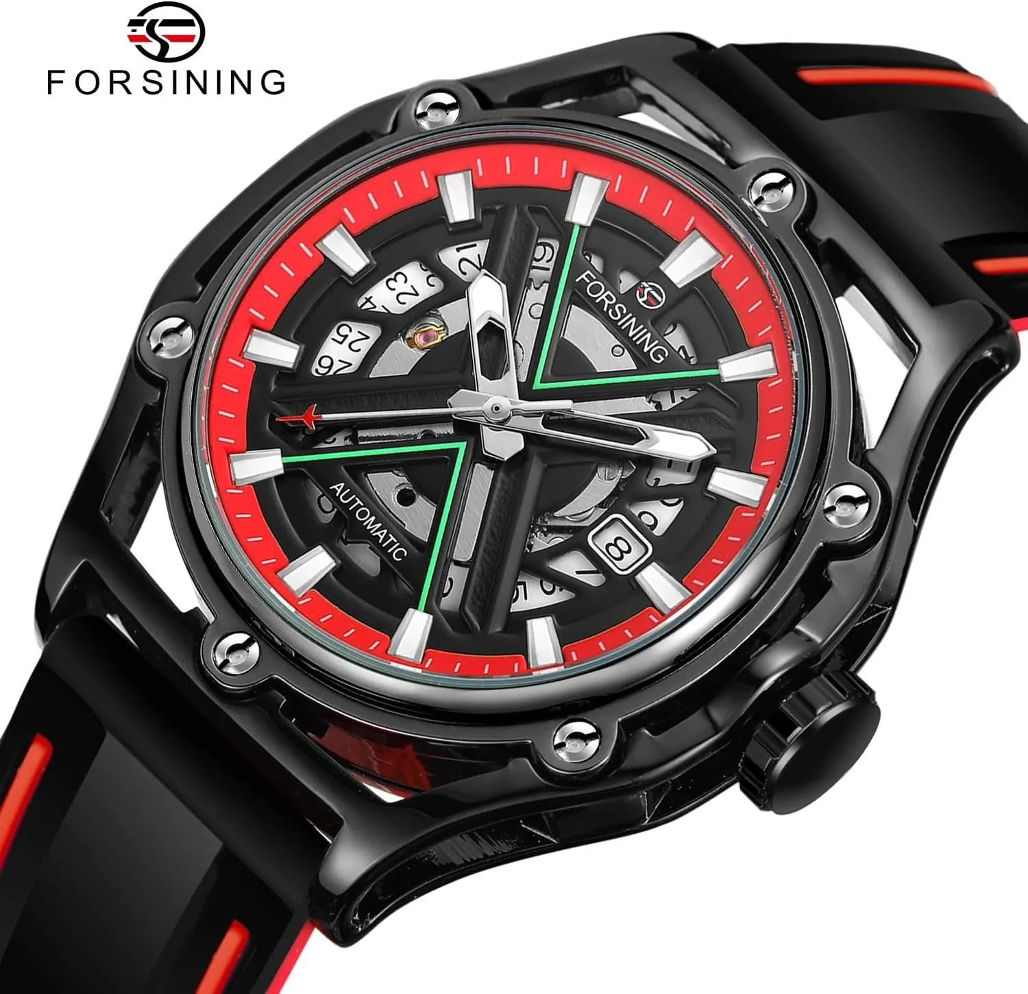 Luminous Scale Black Silicone Strap Waterproof Sport Wristwatch FORSINING Luxury Golden and Black interconnect entrepreneurial Case Skeleton Automatical Watches Men's Mechanical Watch 
