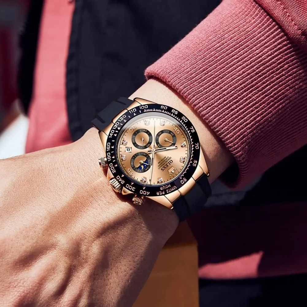 Luminous Silicone Band Wrist Watches OLEVS Men Analog assume Quartz Waterproof Watches Multifunction Chronograph Diamond Moon Phase 