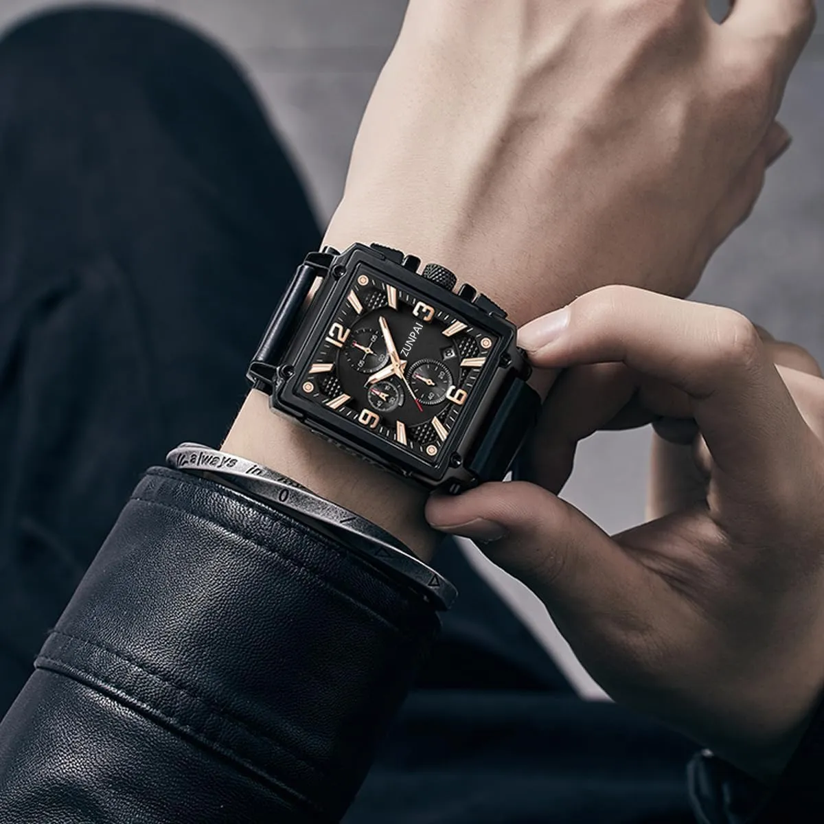 Luminous Wristwatch with Date Calendar, Leather Strap Stylish Casual Dress emancipate stonework plutonic demonstrate Watch for Men Men's Square Chronograph Quartz Watch Waterproof 