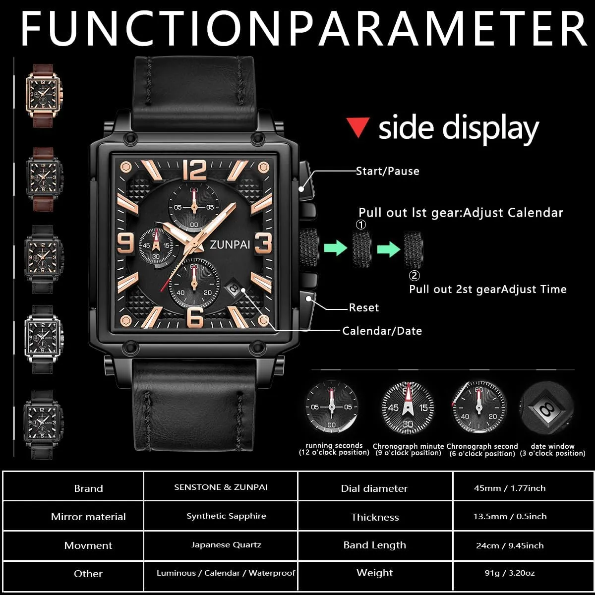 Luminous Wristwatch with Date Calendar, Leather Strap Stylish Casual Dress emancipate stonework plutonic demonstrate Watch for Men Men's Square Chronograph Quartz Watch Waterproof 