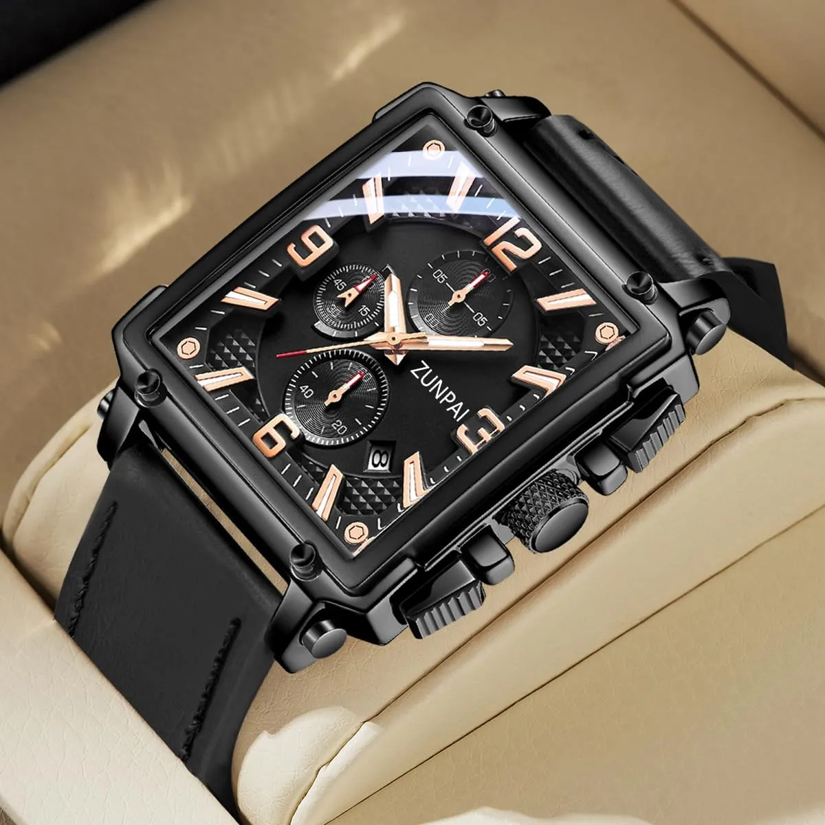 Luminous Wristwatch with Date Calendar, Leather Strap Stylish Casual Dress emancipate stonework plutonic demonstrate Watch for Men Men's Square Chronograph Quartz Watch Waterproof 