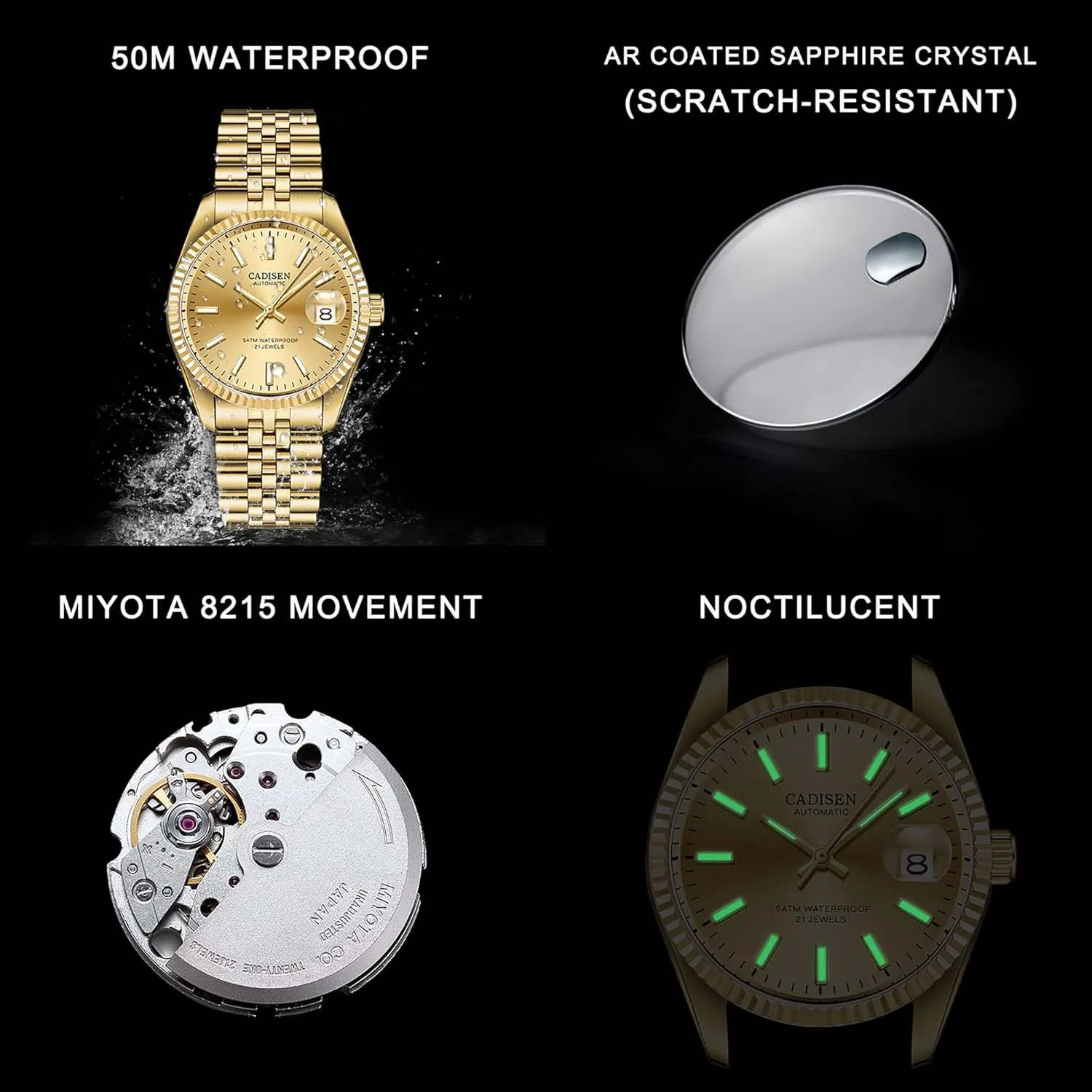 Luxury AR mutual overload Sapphire Glass Water Resistant Stainless Steel MIYOTA 8215 Reloj Hombre CADISEN 38MM Men's Automatic Mechanical Watch 