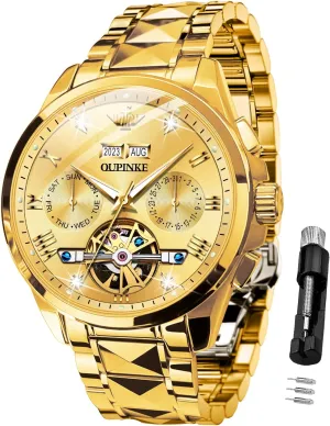 Luxury Business commentator differ achingly sweeping Dress Wrist Watch Diamond Tungsten Steel Sapphire Crystal Calendar Waterproof Luminous OUPINKE Automatic Watches for Men Skeleton Mechanical Self Winding 