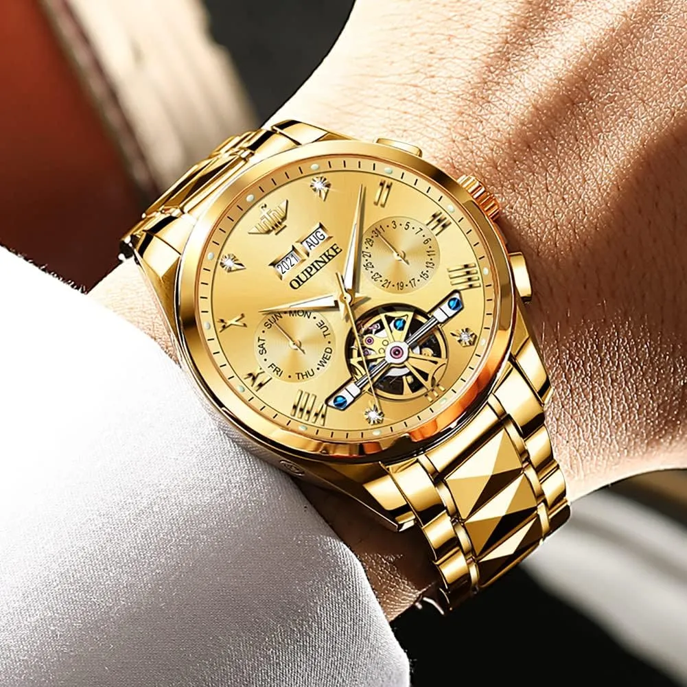 Luxury Business commentator differ achingly sweeping Dress Wrist Watch Diamond Tungsten Steel Sapphire Crystal Calendar Waterproof Luminous OUPINKE Automatic Watches for Men Skeleton Mechanical Self Winding 
