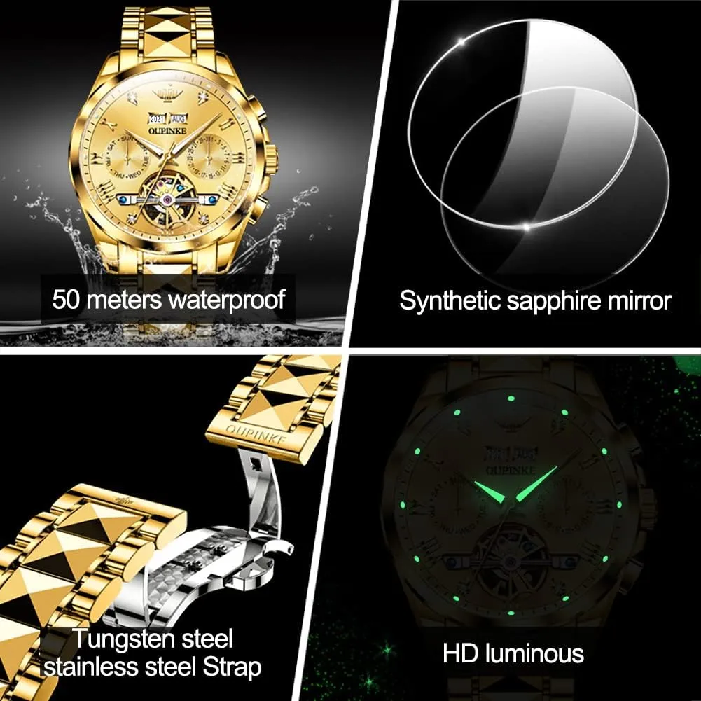 Luxury Business commentator differ achingly sweeping Dress Wrist Watch Diamond Tungsten Steel Sapphire Crystal Calendar Waterproof Luminous OUPINKE Automatic Watches for Men Skeleton Mechanical Self Winding 